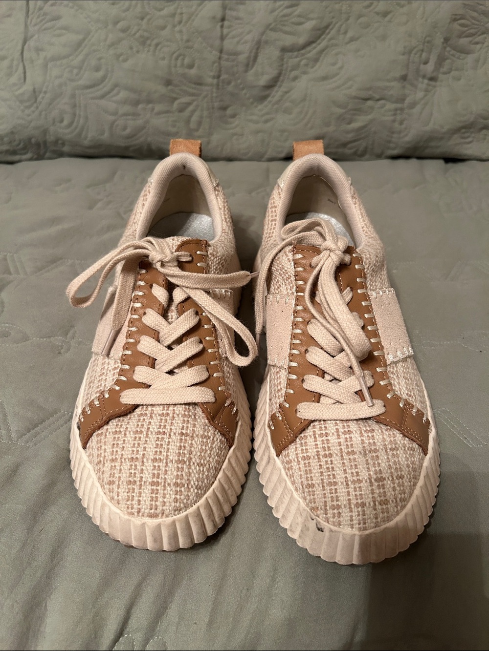Dolce Vita Beige and Tan Knit Lace-Up Sneakers